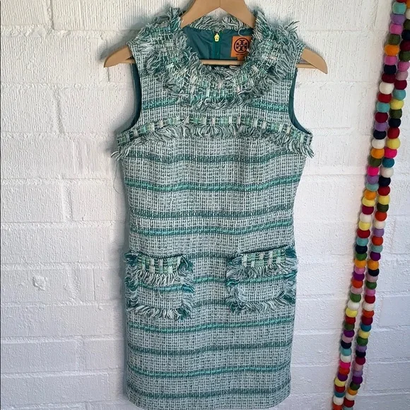Tory Burch Teal and White Tweed Mini Dress