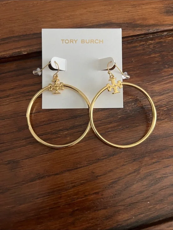Tory Burch Polished Gold Tone Hoop Earrings with Logo Charm
