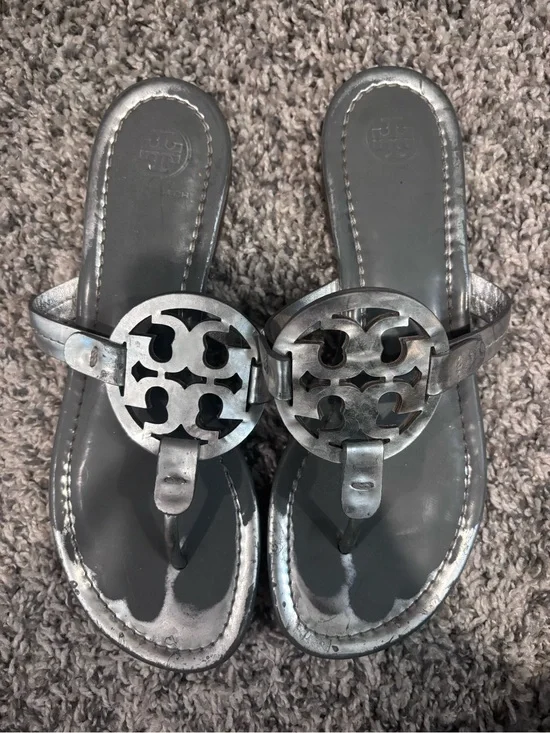 Tory Burch Silver Metallic Logo Thong Sandals
