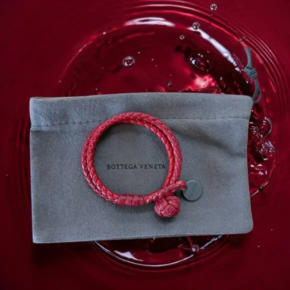 Authentic Bottega Veneta Intrecciato Double Bracelet Red Lambskin Gunmetal