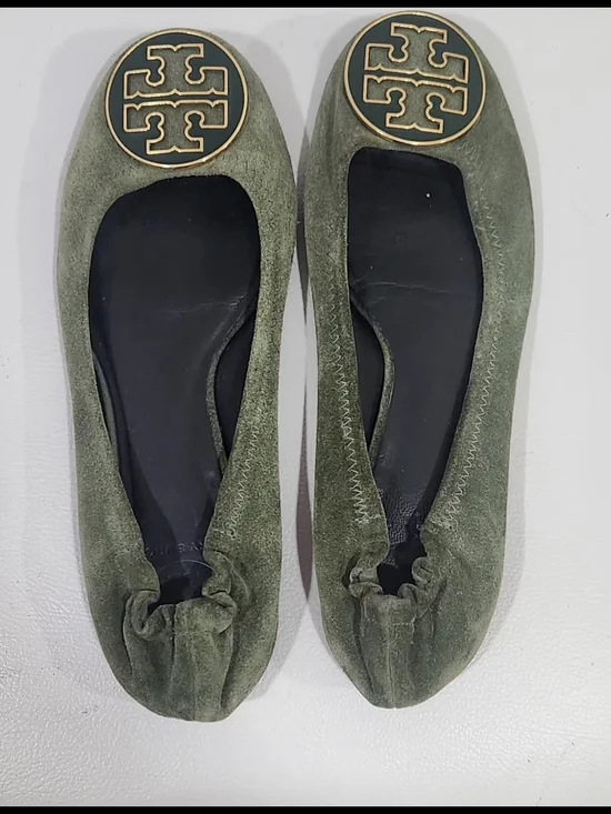 Tory Burch Olive Green Suede Logo Ballet Flats