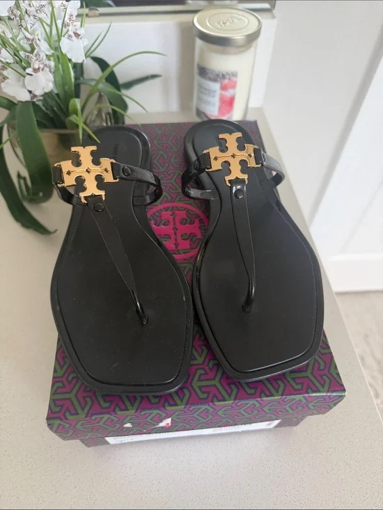 Tory Burch Black Jelly Thong Sandals with Gold Logo
