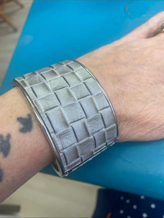 Silver Textured leather Cuff bangle