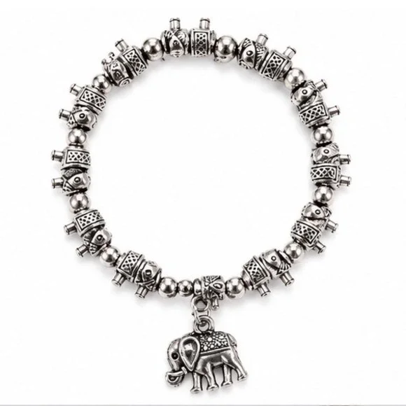 Bohemian Oxidized Silver Tone Elephant Charm Stretch Bead Bracelet Womens