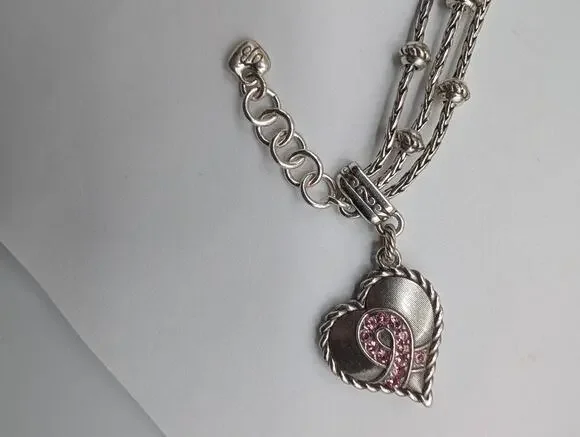 Brighton Silver Tone Pink Crystal Heart Charm Braided Triple Strand Bracelet