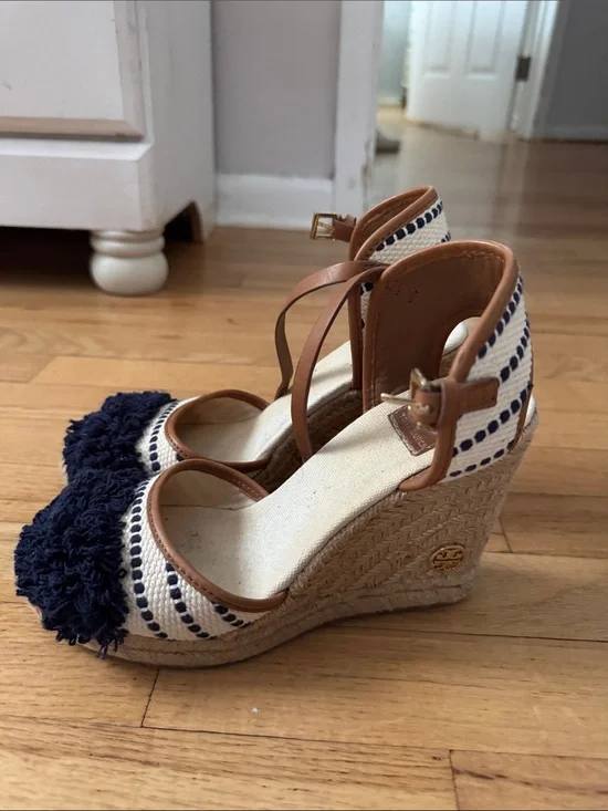 Tory Burch Navy Pom-Pom Espadrille Wedges with Tan Trim