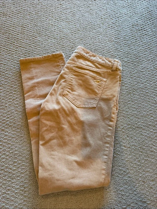 Tory Burch tan super skinny pants with gold logo hardware