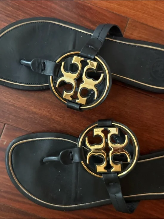Tory Burch Black Leather Thong Sandals with Gold Double-T Medallions