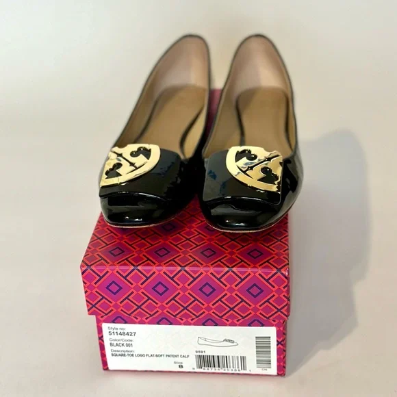Tory Burch Black Patent Leather Square-Toe Logo Flats PRICE FIRM
