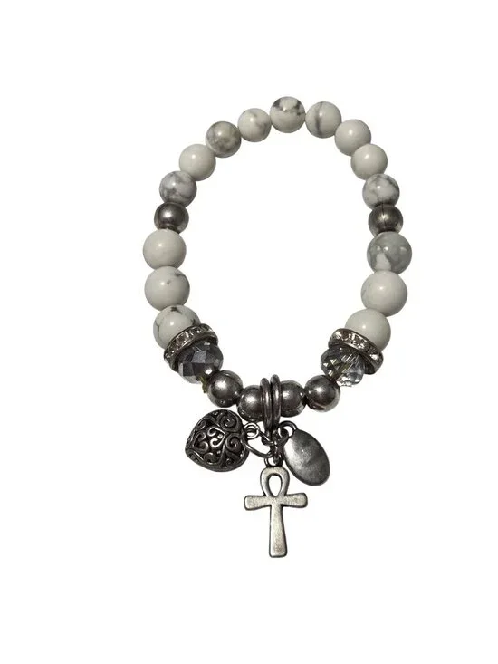 Handcrafted White Howlite Beaded Charm Bracelet Cross Heart Religious Jewelry