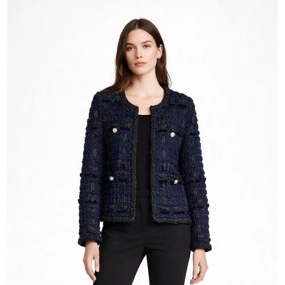 Tory Burch Tweed Blazer Jacket Blue Wool Gold Button Size S NWT