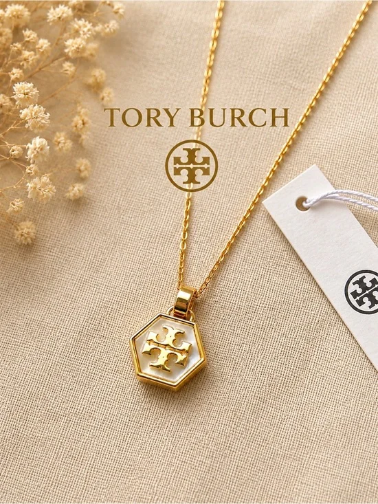 Tory Burch Gold Mother of Pearl Hexagon Pendant Necklace NWT