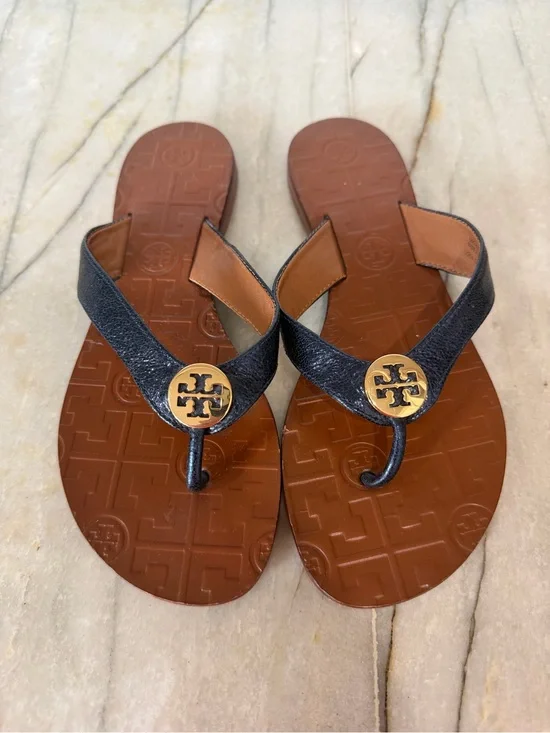 Tory Burch Navy Leather Thong Sandals with Gold Logo Size 5