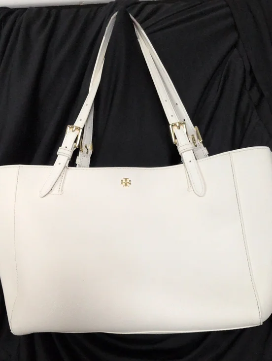Tory Burch White Cream Leather Double-Handle Tote with Gold Hardware- See Pics