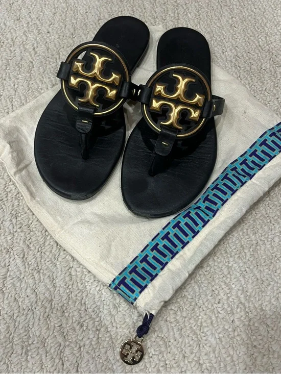 Tory Burch Black Leather Miller Sandals with Gold Logo Medallions