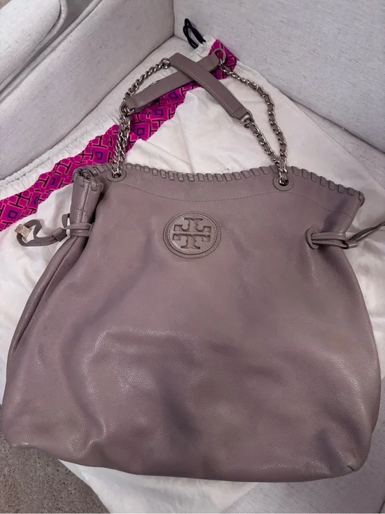 Tory Burch Taupe Leather Whipstitch Tote with Chain Straps