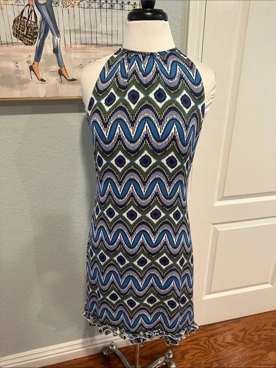 Tory Burch Sz 6 100% Silk Blue & Olive Wave-Print Halter Mini Dress • NEW!