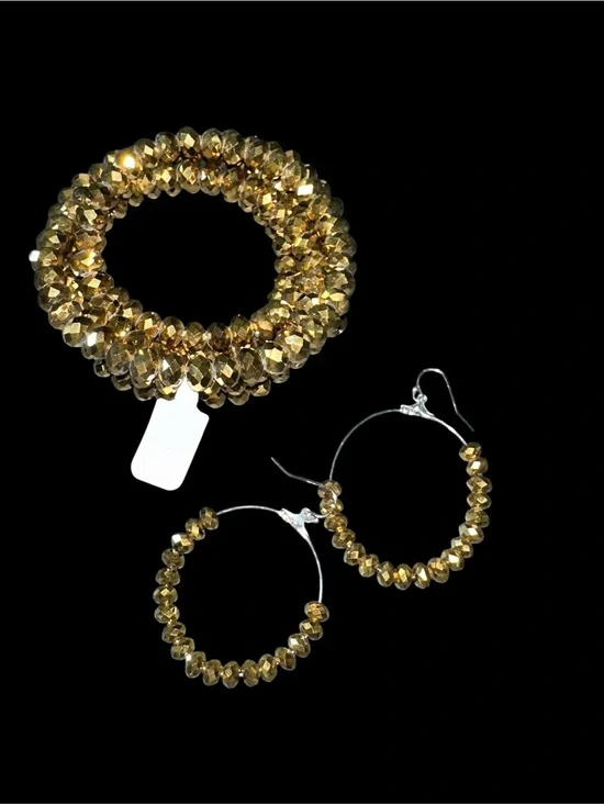 Gold Faceted Bead Stretch Coil Bracelet & Hoop Earring Set - Women Jewelry