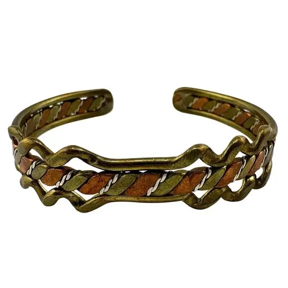 Vintage Boho 1970s Mixed Metal Copper Brass Wave Handmade 7