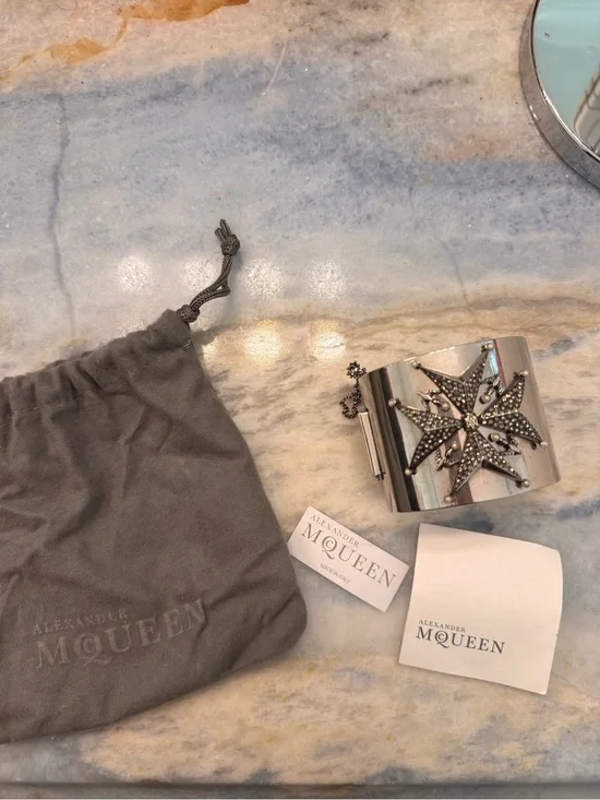 Alexander McQueen Silver Starburst Crystal Wide Cuff Bracelet