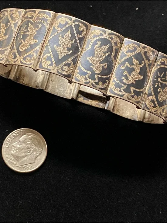 Vintage sterling silver Siam niello dancing goddesses bracelet
