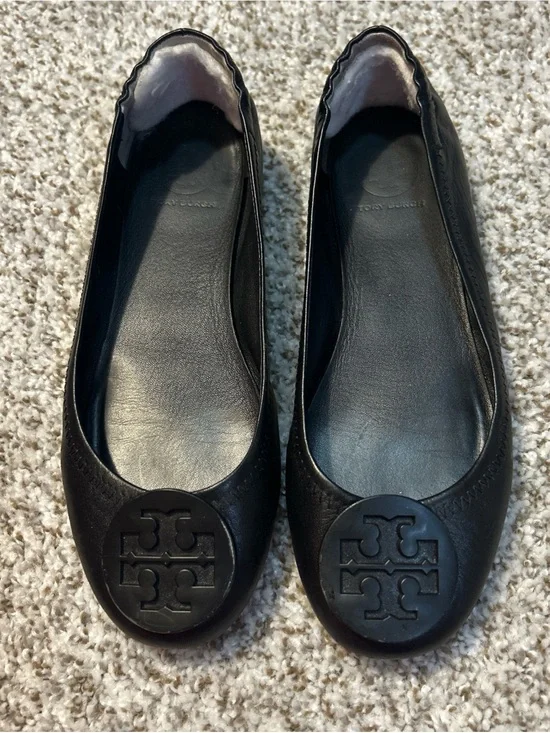 Tory Burch Black Leather Logo Ballet Flats EXCELLENT CONDITION