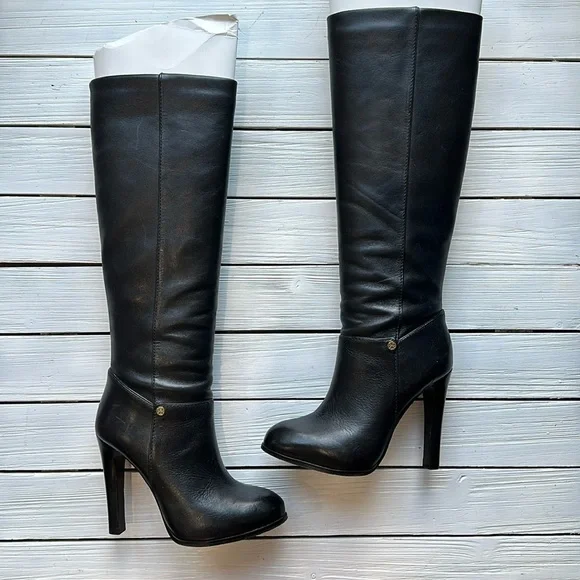 Tory Burch Black Tall Kasey Heeled Smooth Leather Boots Logo size 5.5