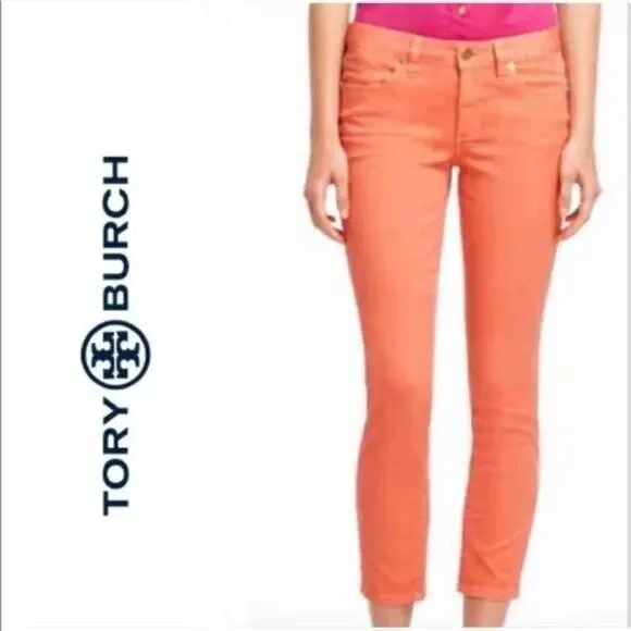 Tory Burch Cropped Skinny Jeans Coral Peachy Size 31 Resortwear Preppy W33‎