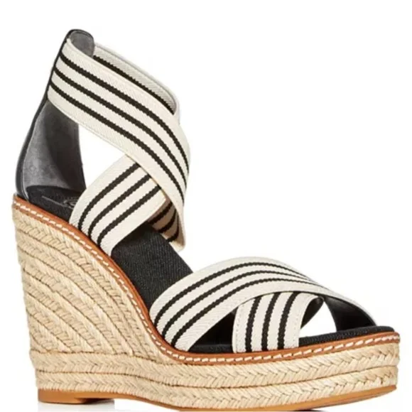 Tory Burch Black and Cream Striped Espadrille Wedge Sandals