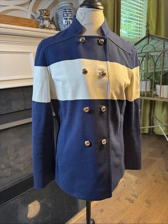 Tory Burch Navy and Cream Double-Breasted Military Style Jacket