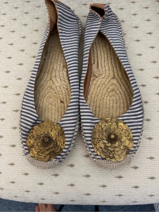 Tory Burch Navy and White Striped Espadrille Flats with Gold Sequin Flower