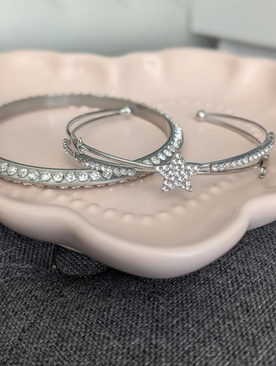 Silver Tone Rhinestone Bracelet Set | Star Accent Bangle Stack | Sparkly Cuff