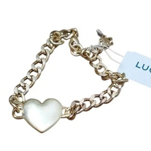 Lucky Brand Gold Tone Curb‎ Chain Heart Charm Link Bracelet NWT New