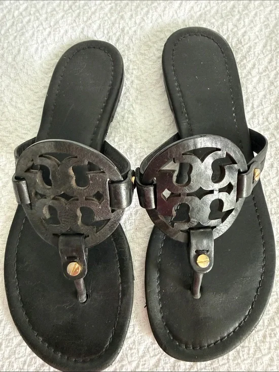 Tory Burch Black Leather Logo Thong Sandals