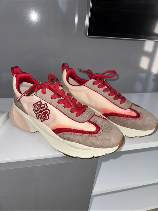 Tory Burch Beige Suede & Red Accent Women's Chunky Sneakers