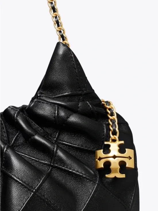 Tory Burch Black Quilted Leather Shoulder Bag with Gold Logo Accent