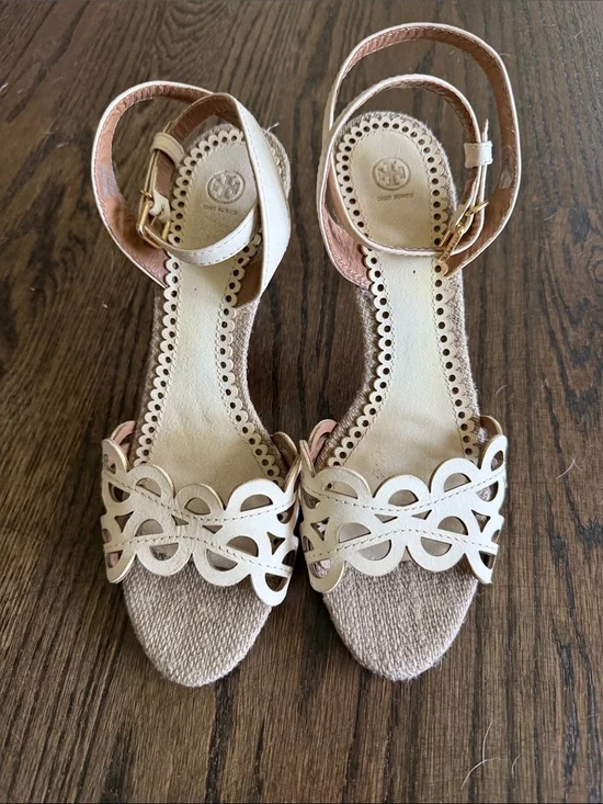 Tory Burch Ivory Scalloped Laser-Cut Ankle Strap Heels