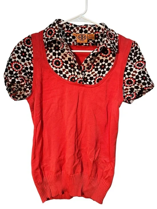 Tory Burch Women's Size Medium Twofer Sweater Blouse Coral Geometric Collared
