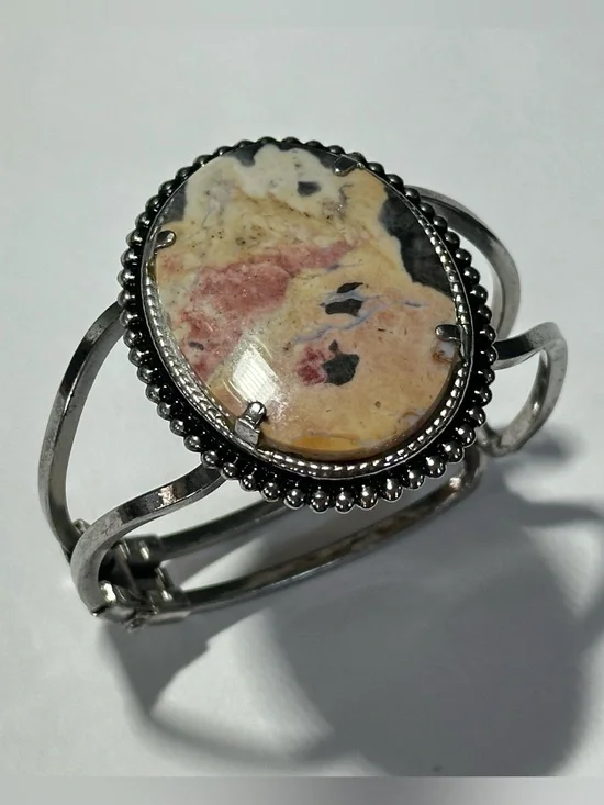 Huge Pink Cream Jasper Stone Cuff Bracelet Southwestern Cottagecore Fairycore