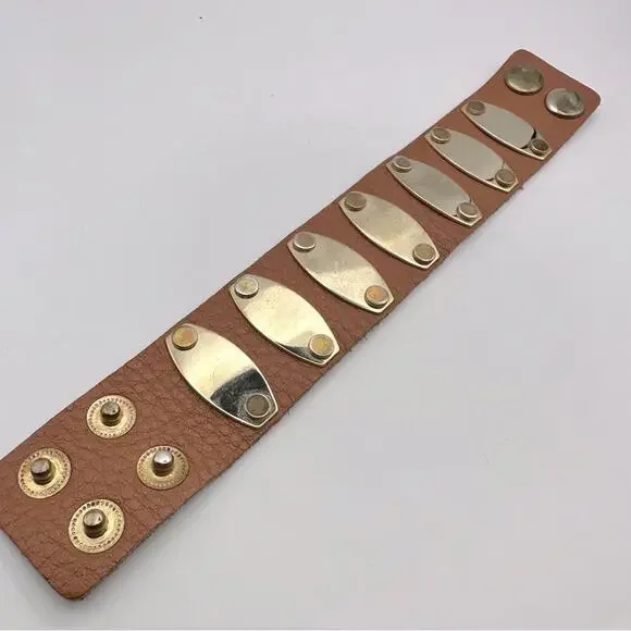 Western Brown Leather Bracelet Gold Metal Cuff Coastal Cowgirl Casual Jewelry