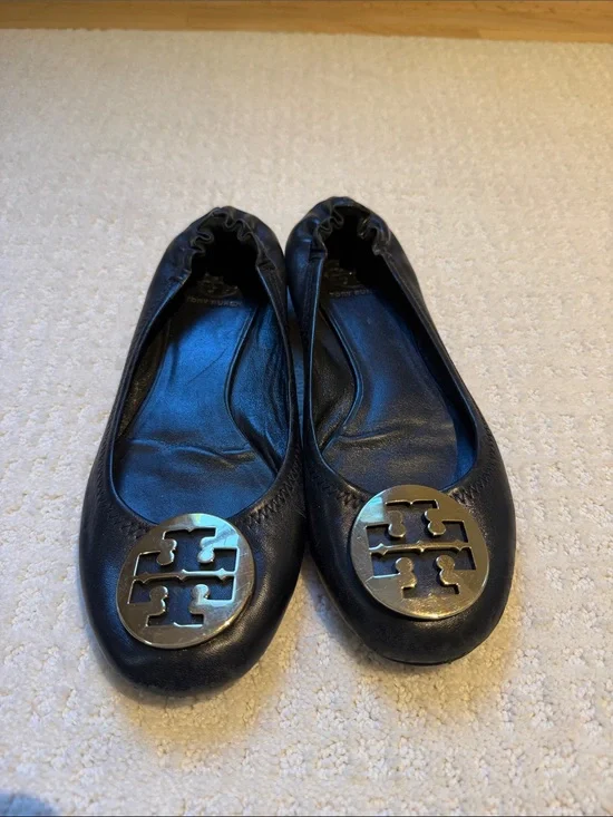 Tory Burch Black Leather Logo Ballet Flats with Gold-Tone Medallions