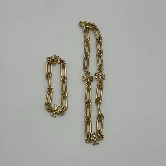 TORY BURCH Gold Roxanne Choker Chain Link Necklace And Bracelet 18k Plated