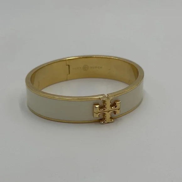 Tory Burch Kira Logo Hinged Bangle Bracelet White Enamel 18k Gold Plated Double