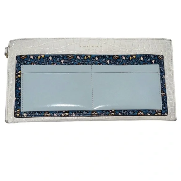 Tory Burch White Croc-Embossed Leather Card Wallet/Clutch w Blue Floral Accent