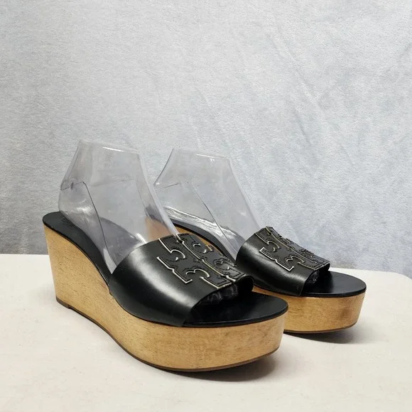 Tory Burch Ines Sandals Womens Size 9.5 Black Leather Wooden Wedge Platform