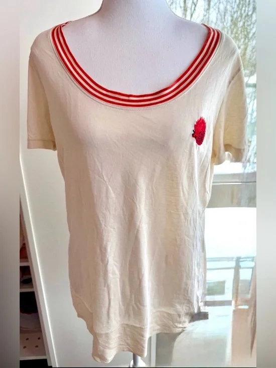 Tory Burch EUC Pima Cotton Hedgehog Tee Ivory Medium Rare Embroidered