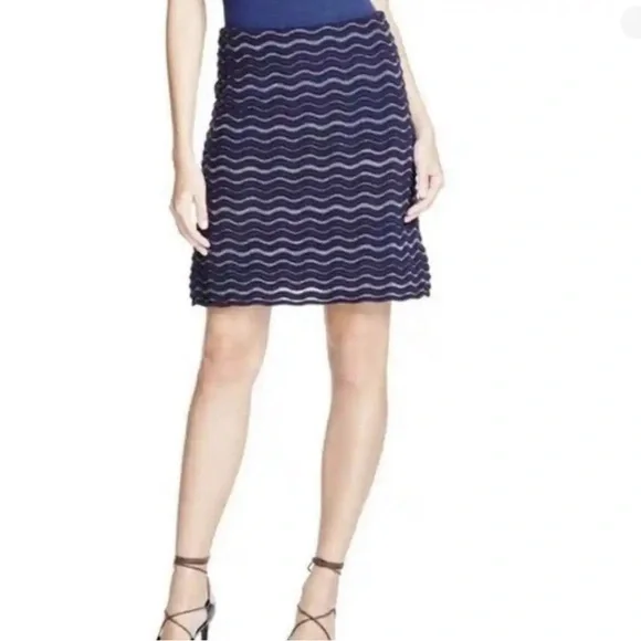 Tory Burch Women's Metallic Wave Skirt Sz S Knit Merino Wool Blend Navy