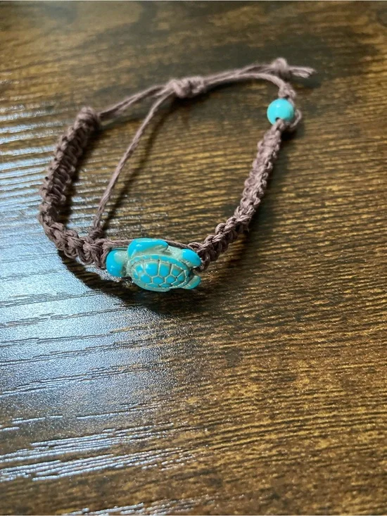 Hand Crafted Brown Cord Bracelet with Turquoise Turtle Accent