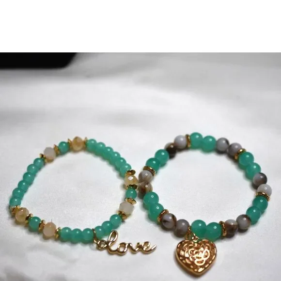 Vtg 2Pc Multi Color Glass Beaded Gold Tone Heart/Love Charms 6