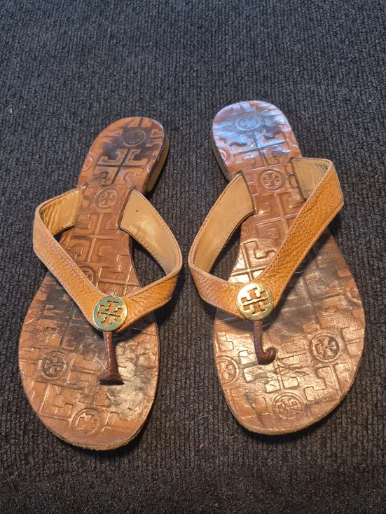 Tory Burch Tan Leather Logo Thong Sandals with Gold Emblems